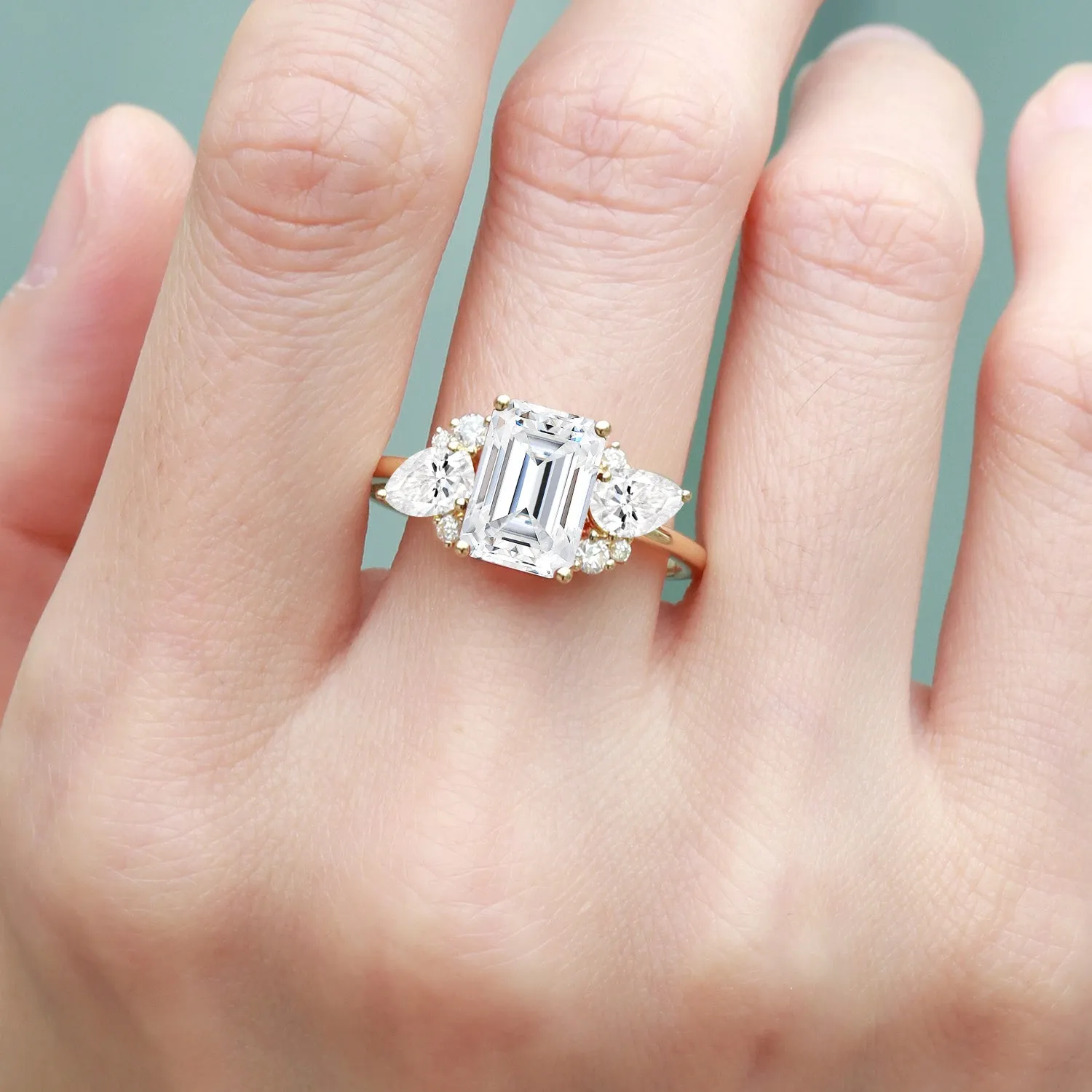 Emerald Cut Moissanite Double Pear Engagement Ring