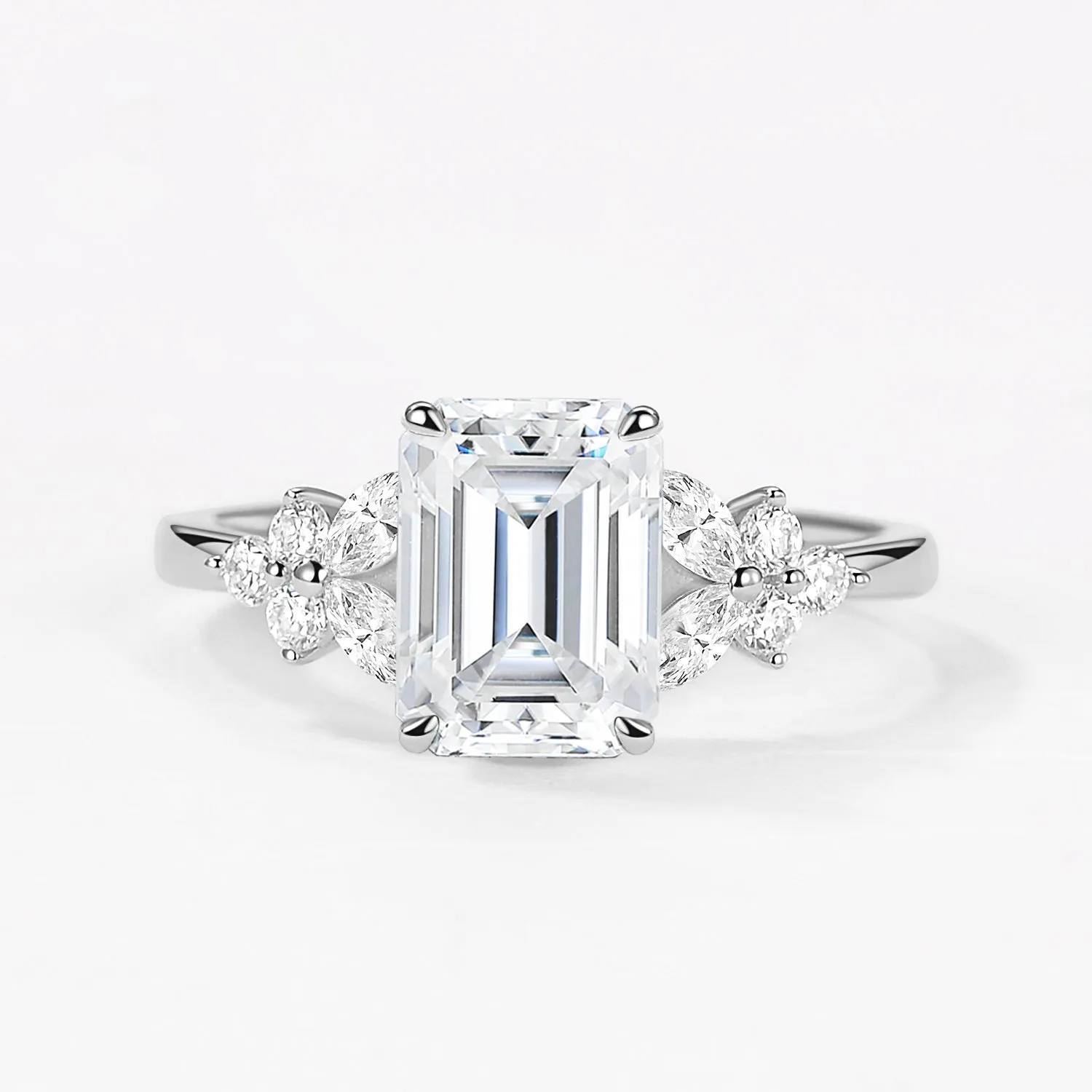 Emerald Cut Moissanite Floral Engagement Ring