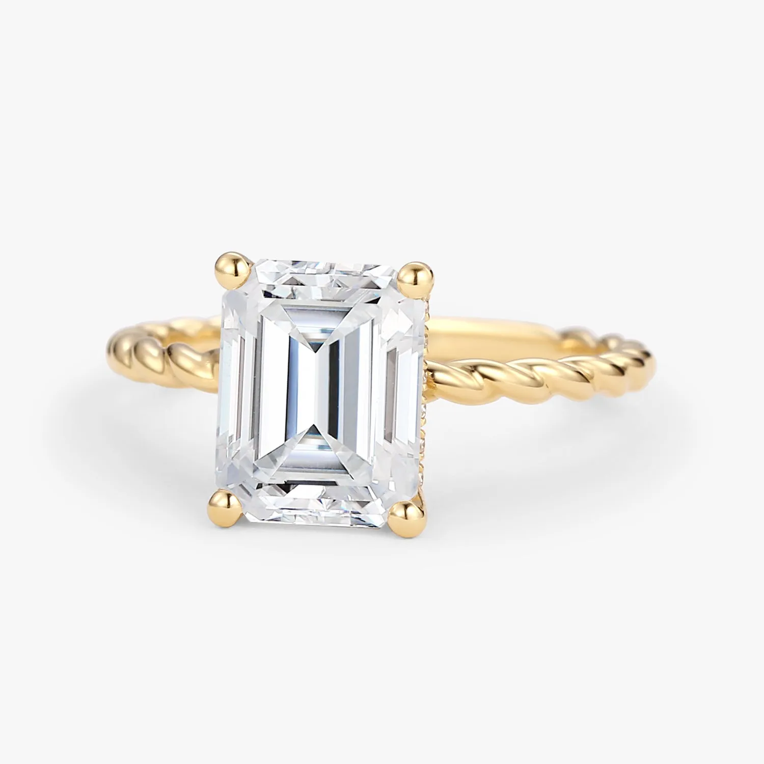 Emerald Cut Moissanite Solitaire Hidden Halo Ring