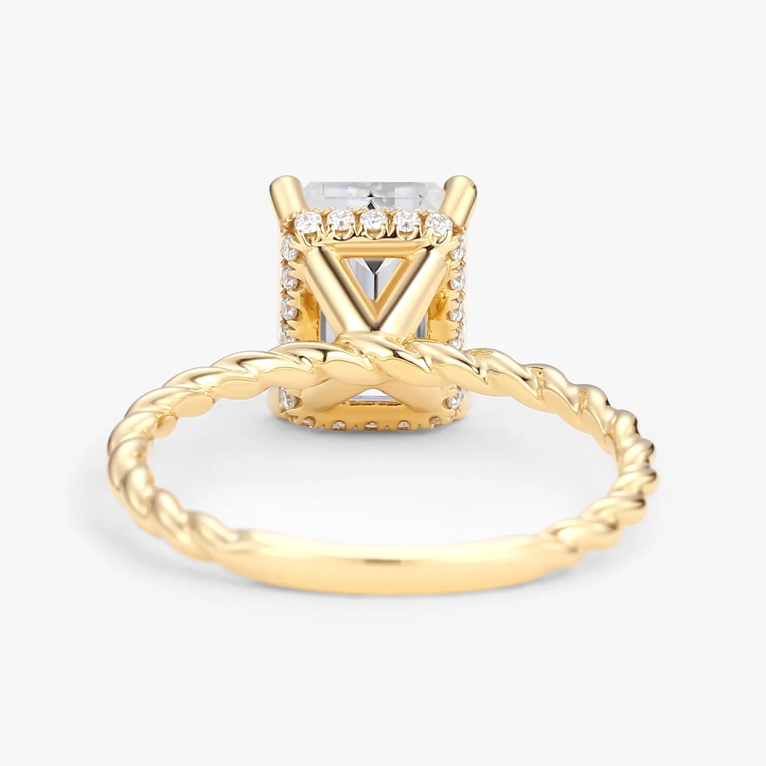 Emerald Cut Moissanite Solitaire Hidden Halo Ring