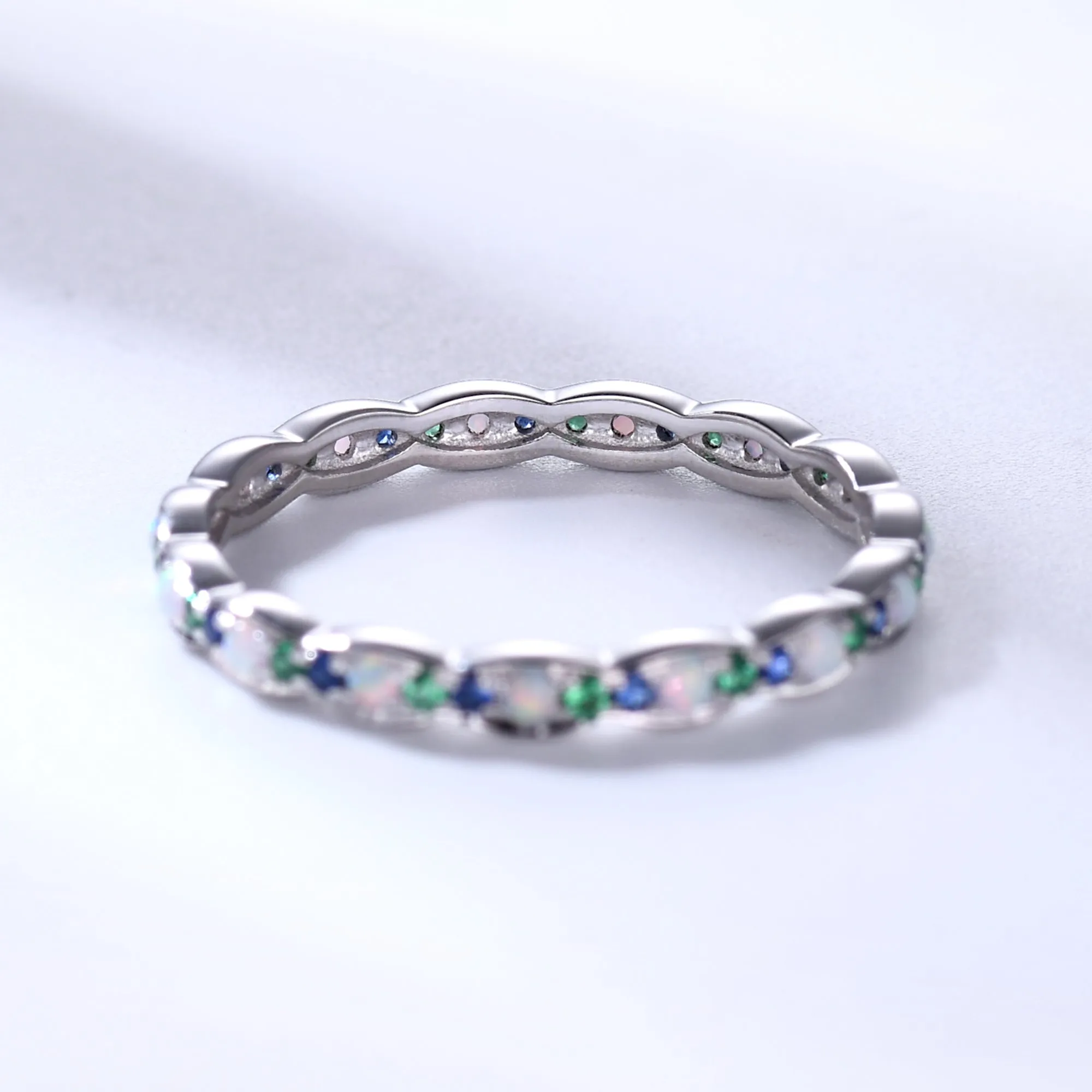 Family Birthstone White Gold Wedding Band Opal Emerald Sapphire Full Eternity Ring