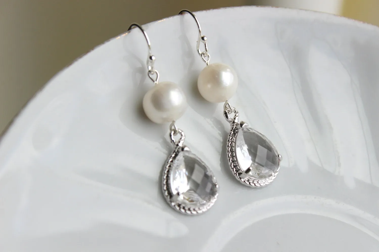 Freshwater Pearl Crystal Earrings Silver Two Tiered Clear Pearl Bridesmaid Earrings Bridal Earrings - Bridesmaid Jewelry - Wedding Earrings