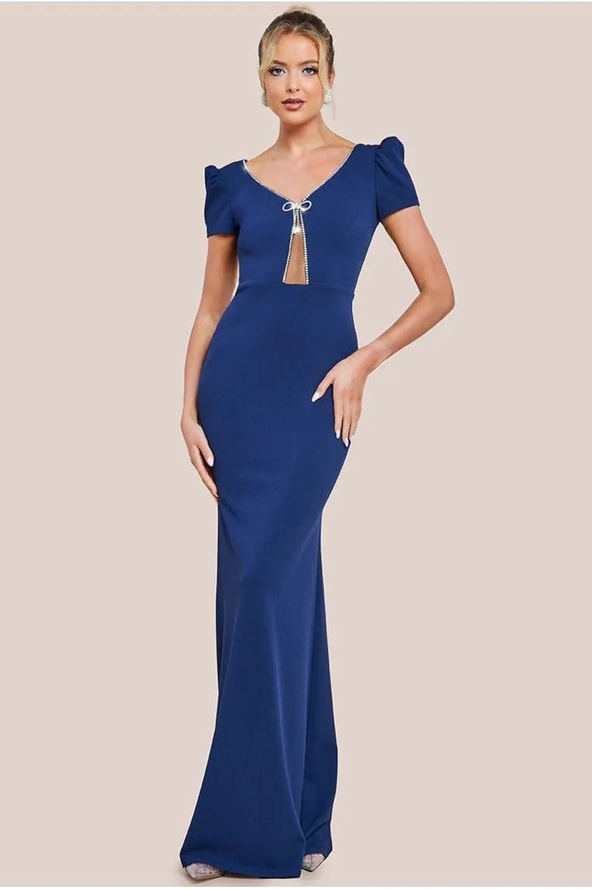 Goddiva Diamante Embellished Bow Scuba Crepe Maxi Dress - Navy