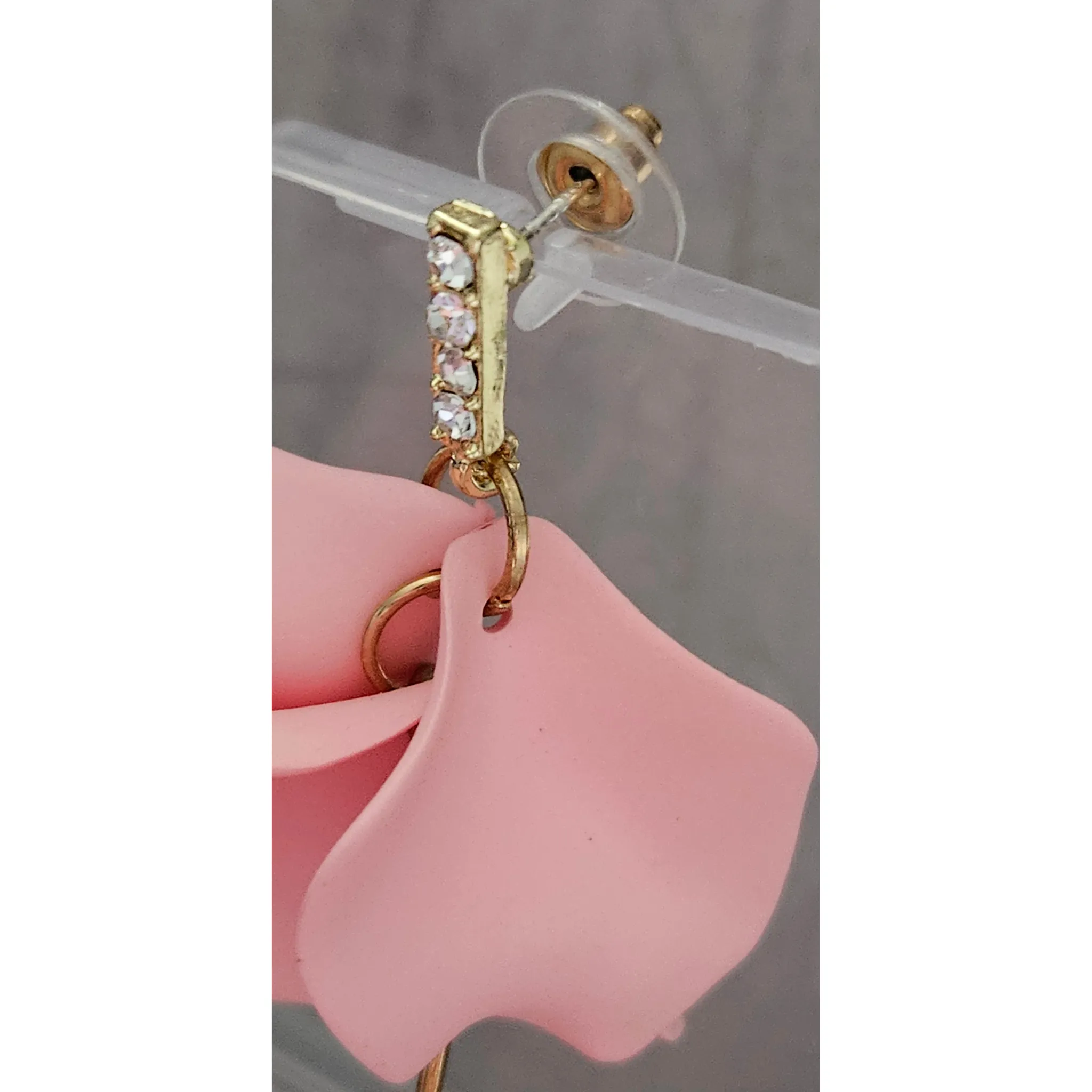 Gold Stones Pink Petal Dangle Statement Earrings