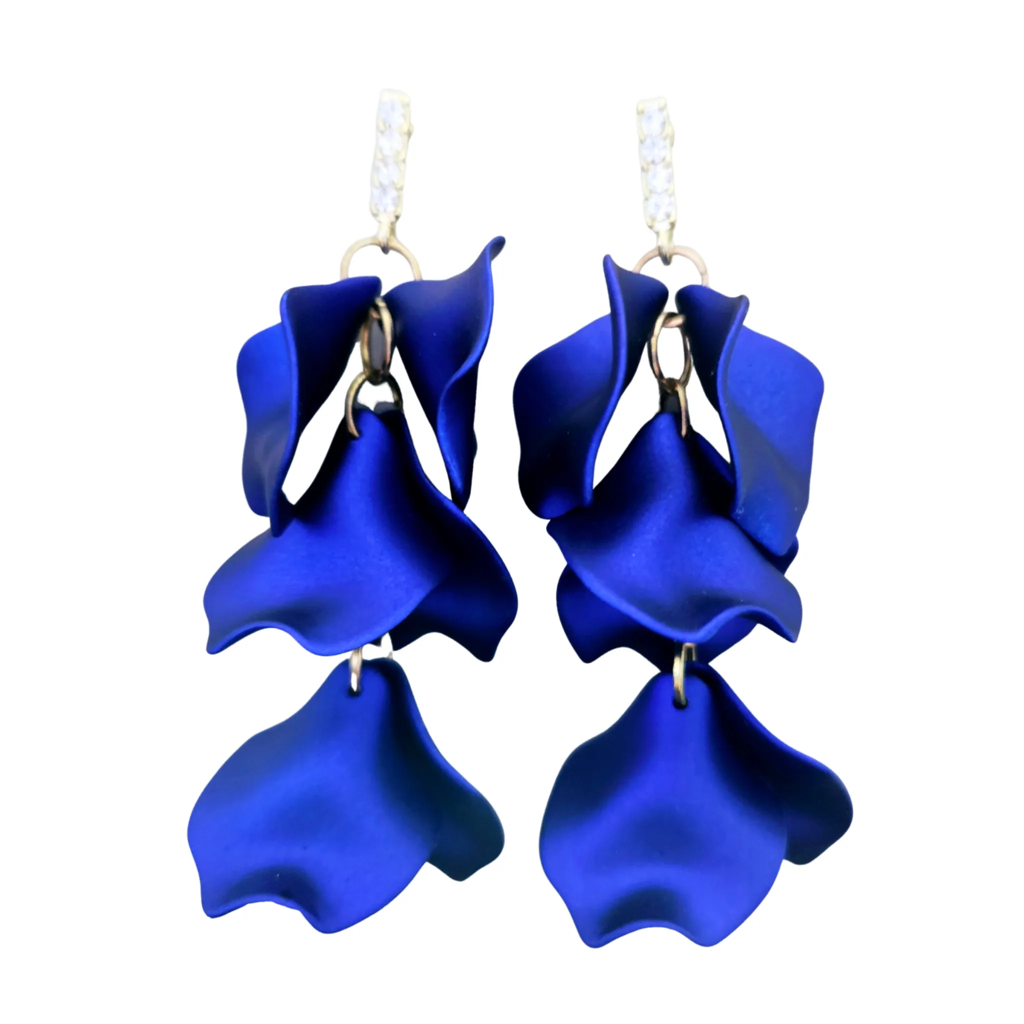 Gold Stones Royal Blue Petal Dangle Statement Earrings