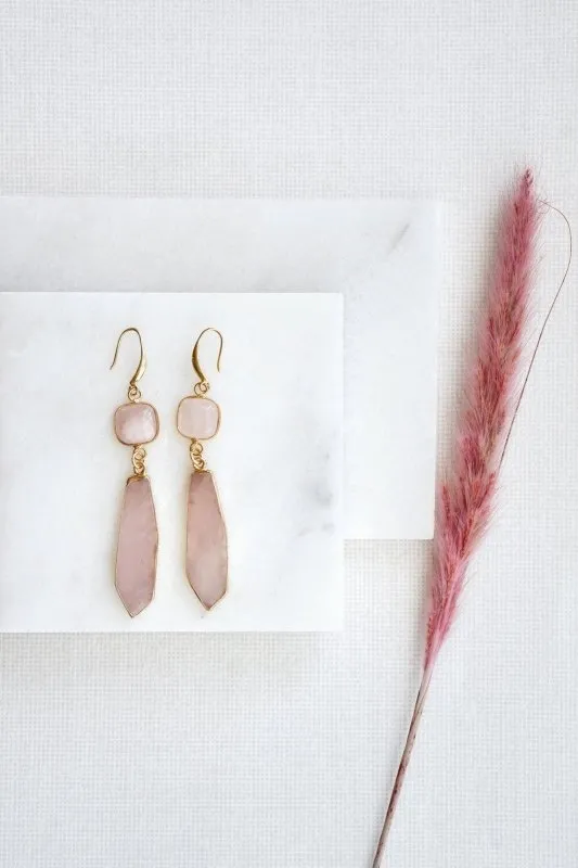 Gold Tone Rose Quartz Slice Pendant Earrings