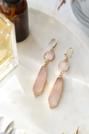 Gold Tone Rose Quartz Slice Pendant Earrings