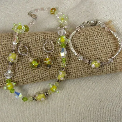 Handmade Yellow and Crystal Beaded Designer's Jewelry Set