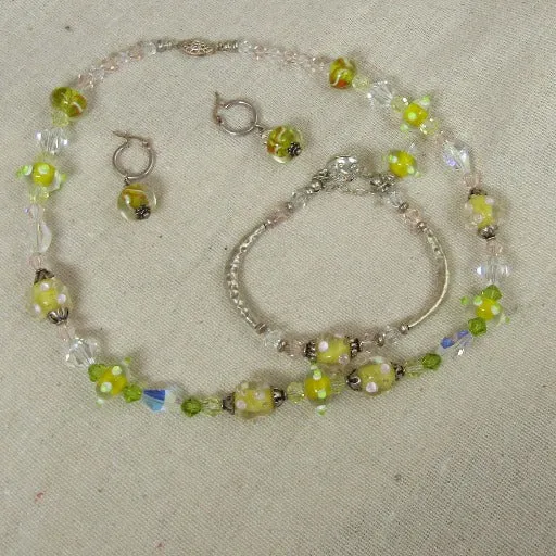 Handmade Yellow and Crystal Beaded Designer's Jewelry Set