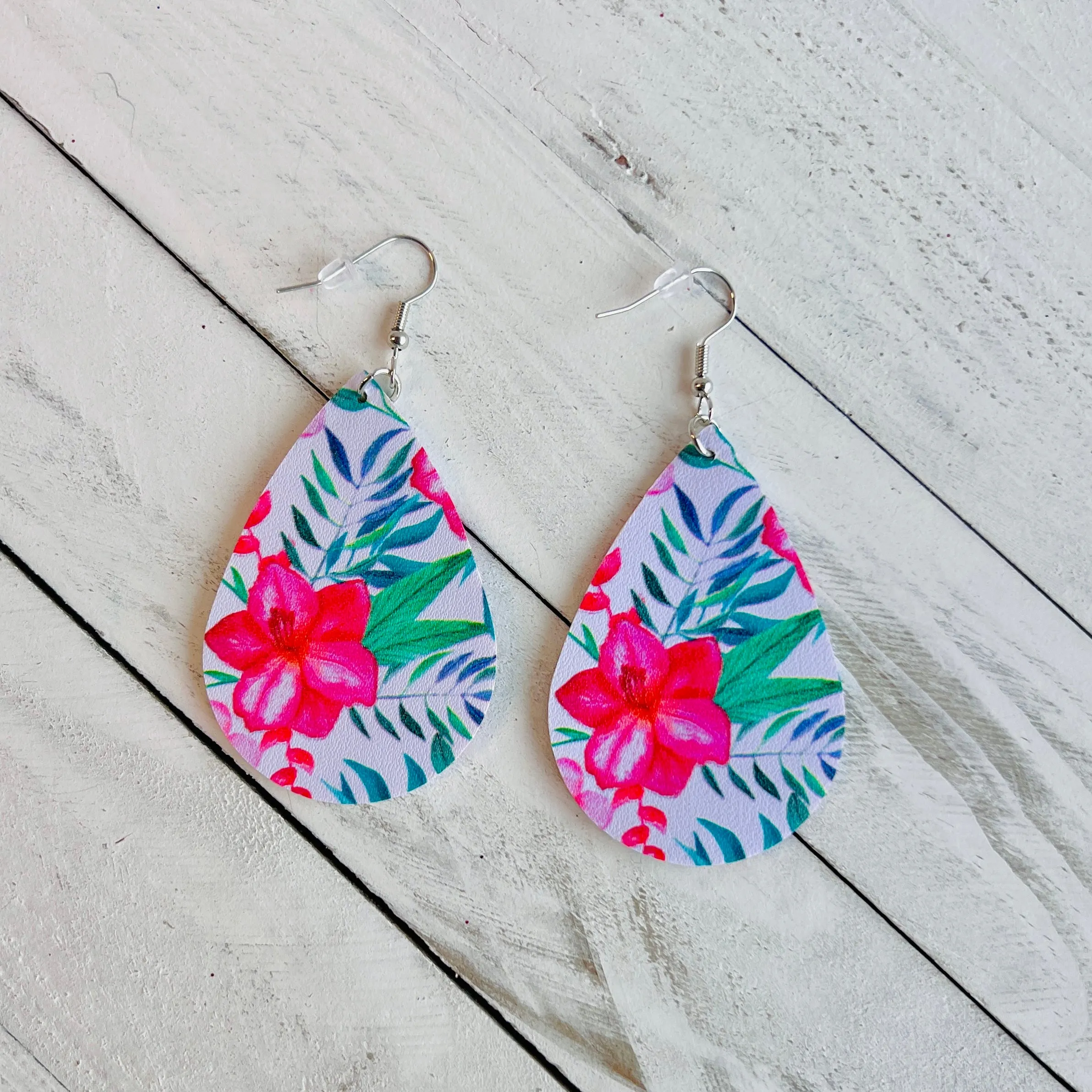 Hawaiian Floral Faux Leather Teardrop Ear Bling Two Styles Available