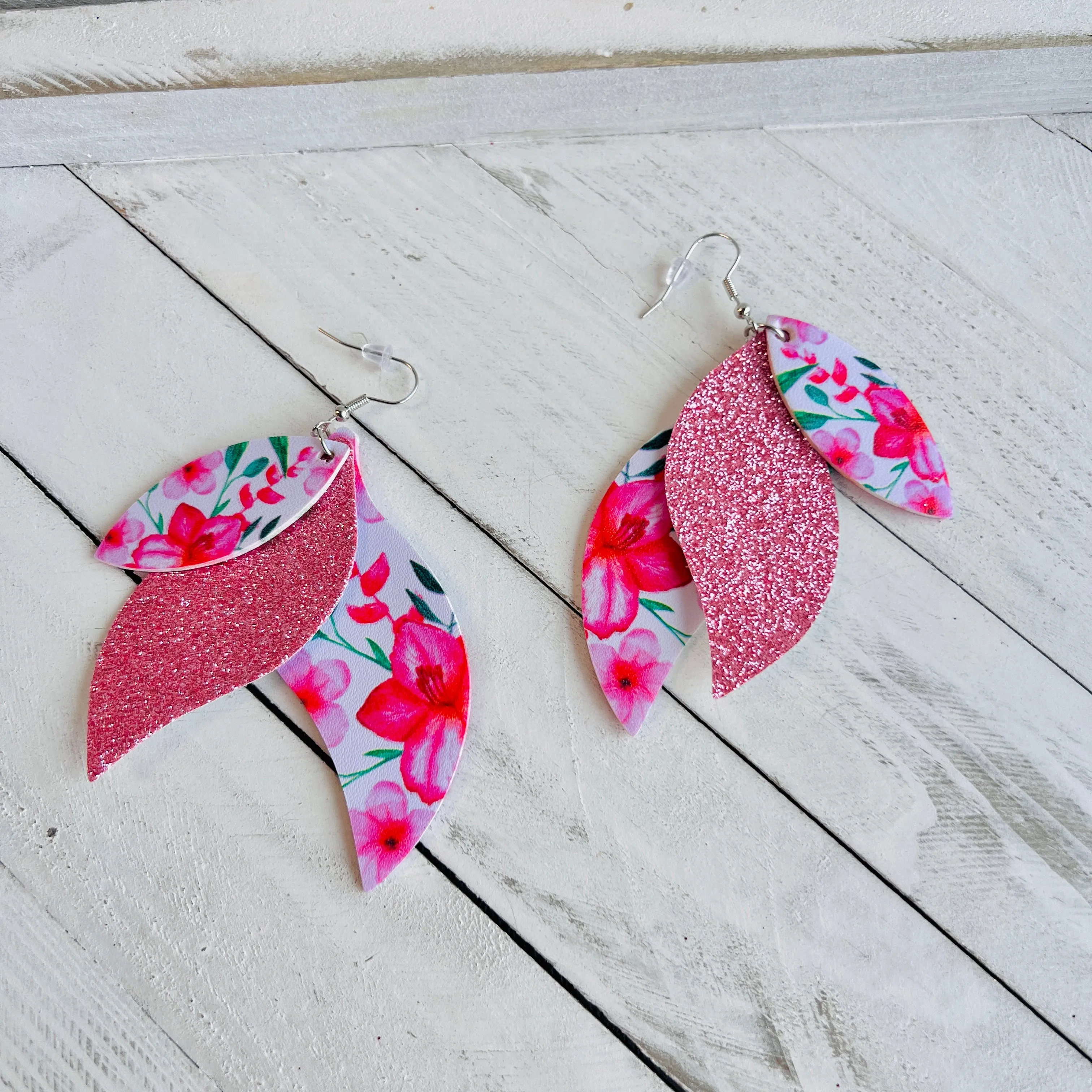 Hawaiian Floral Faux Leather Teardrop Ear Bling Two Styles Available