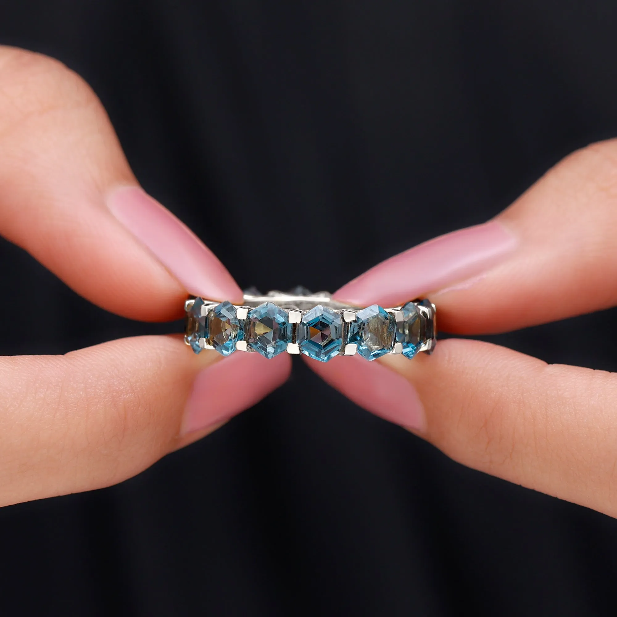 Hexagon Cut London Blue Topaz Eternity Band Ring