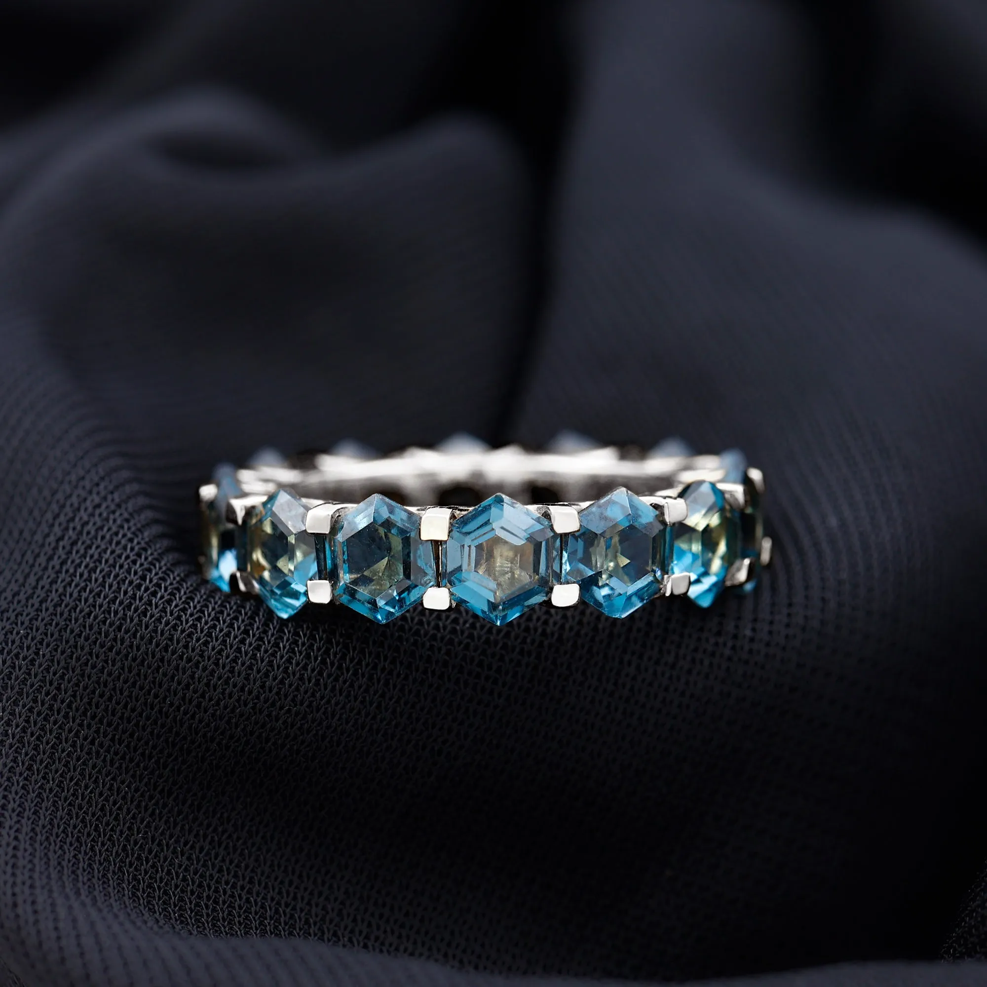 Hexagon Cut London Blue Topaz Eternity Band Ring