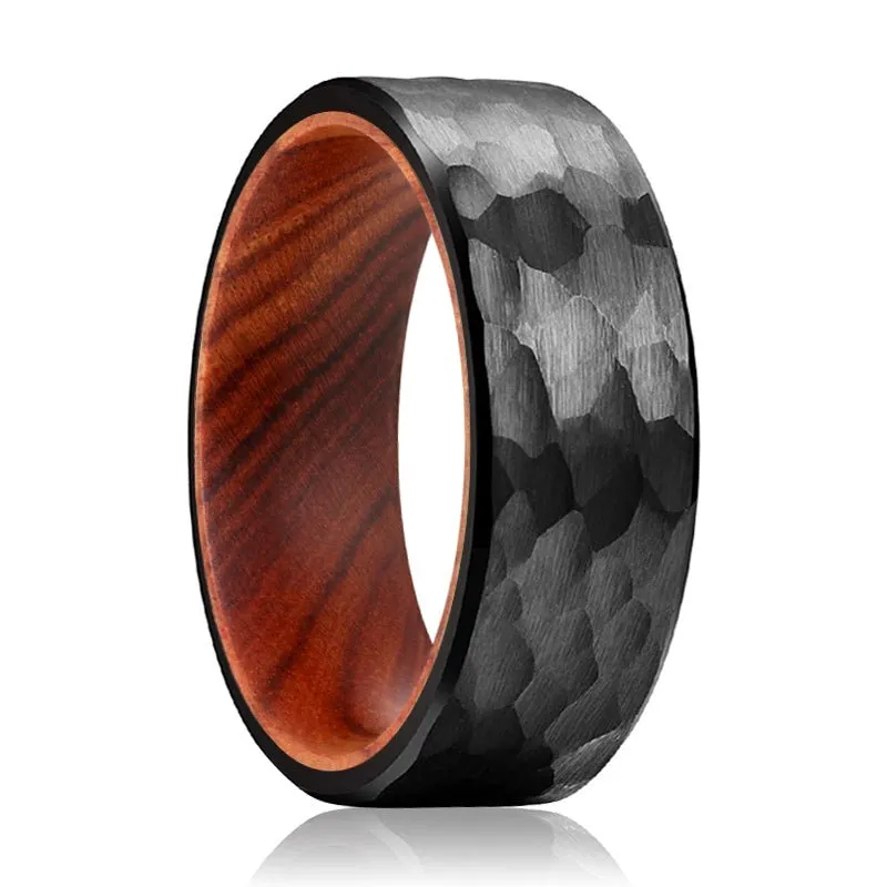 IMPERIAL | IRON Wood, Black Tungsten Ring, Hammered, Flat