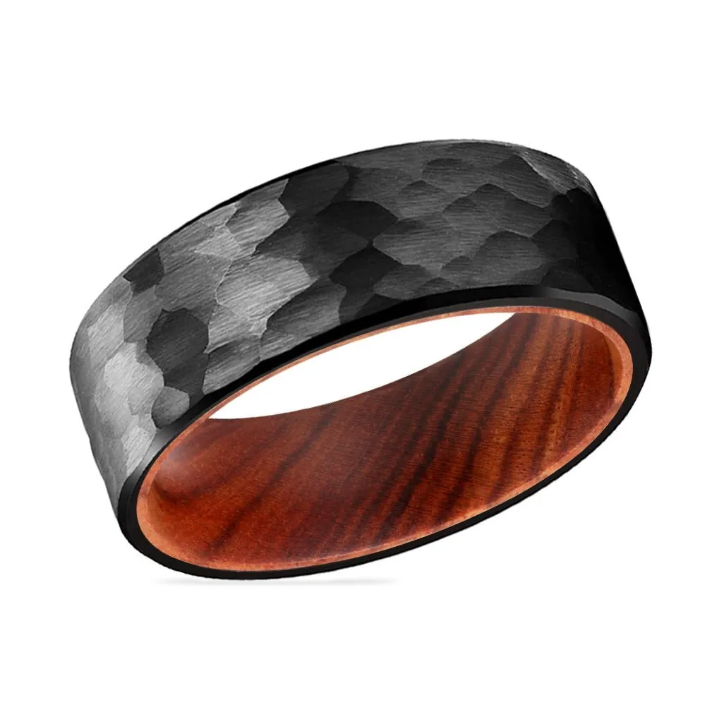 IMPERIAL | IRON Wood, Black Tungsten Ring, Hammered, Flat