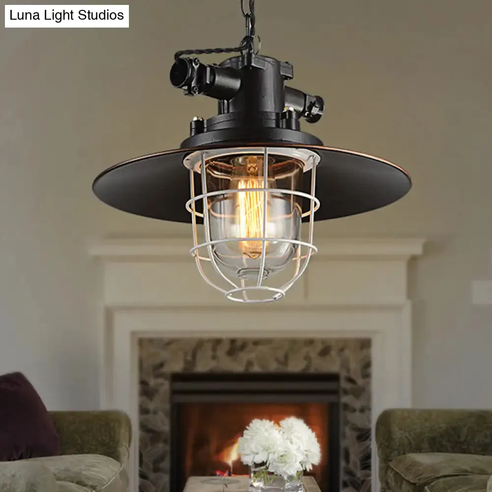 Industrial Black Wire Cage Pendant Light with Clear Glass Shade