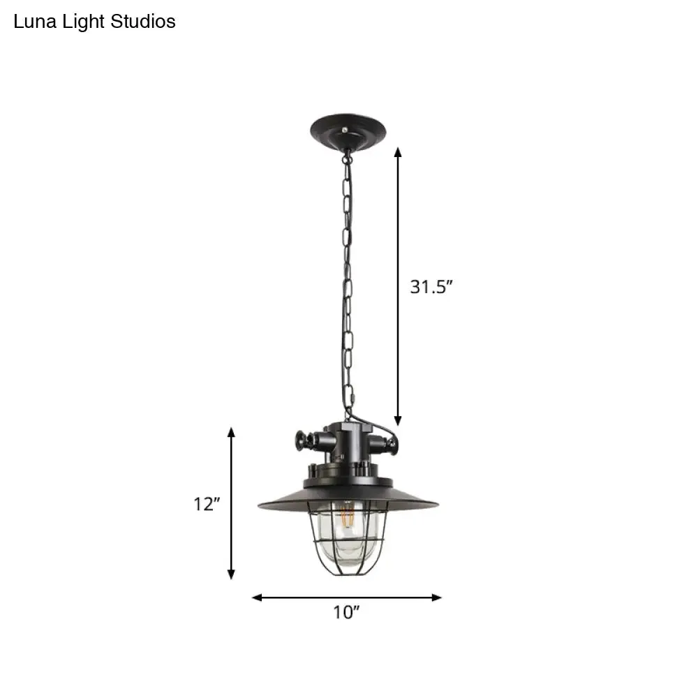 Industrial Black Wire Cage Pendant Light with Clear Glass Shade