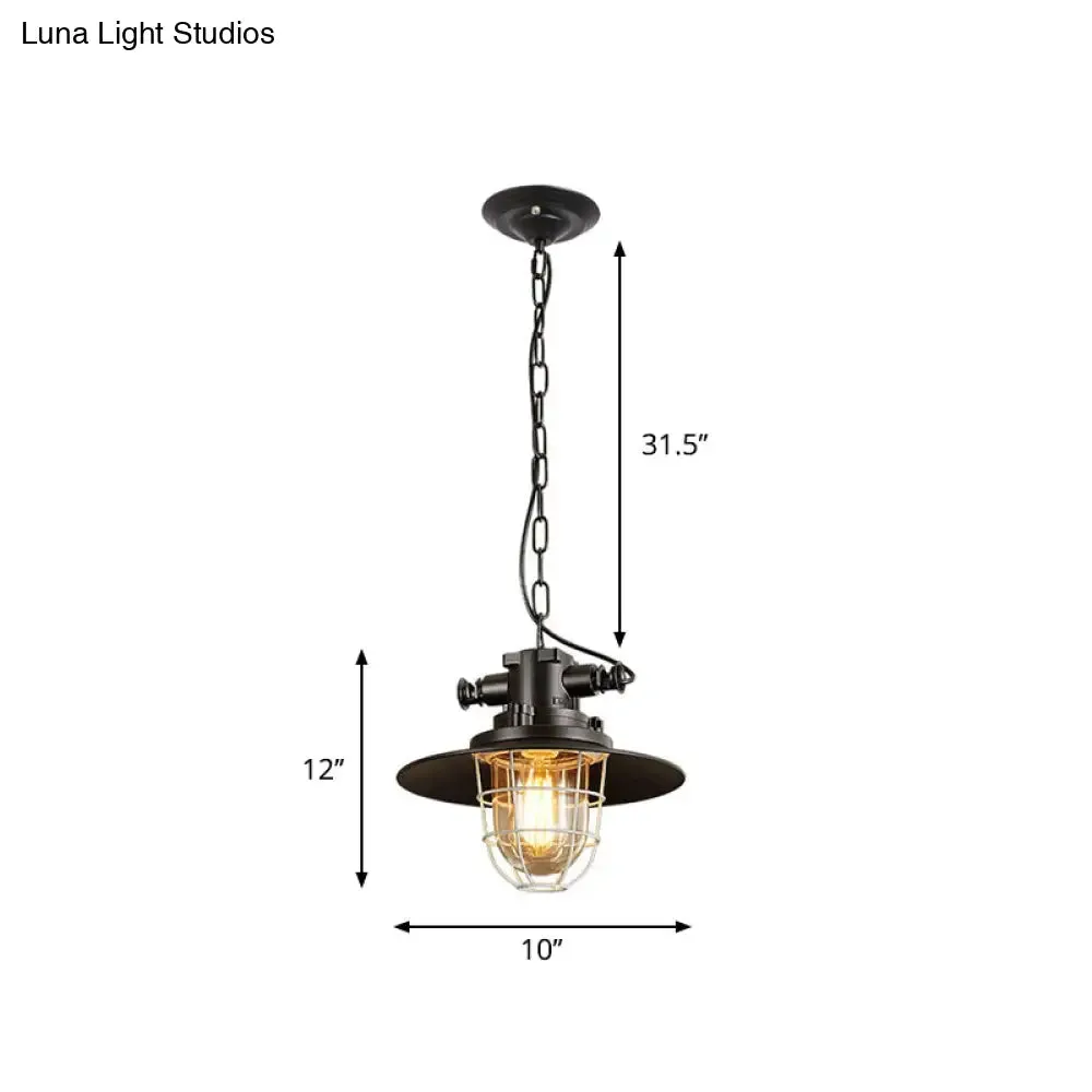 Industrial Black Wire Cage Pendant Light with Clear Glass Shade