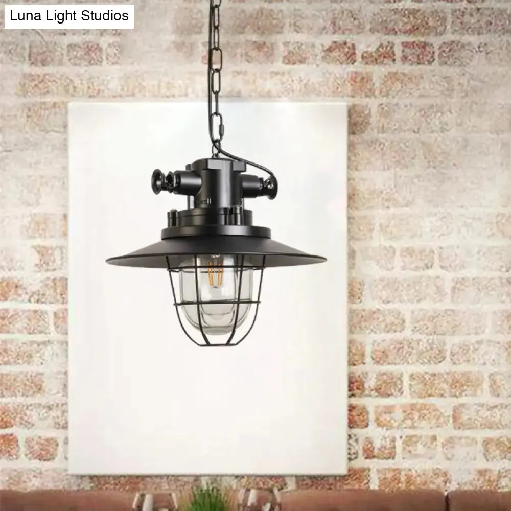 Industrial Black Wire Cage Pendant Light with Clear Glass Shade