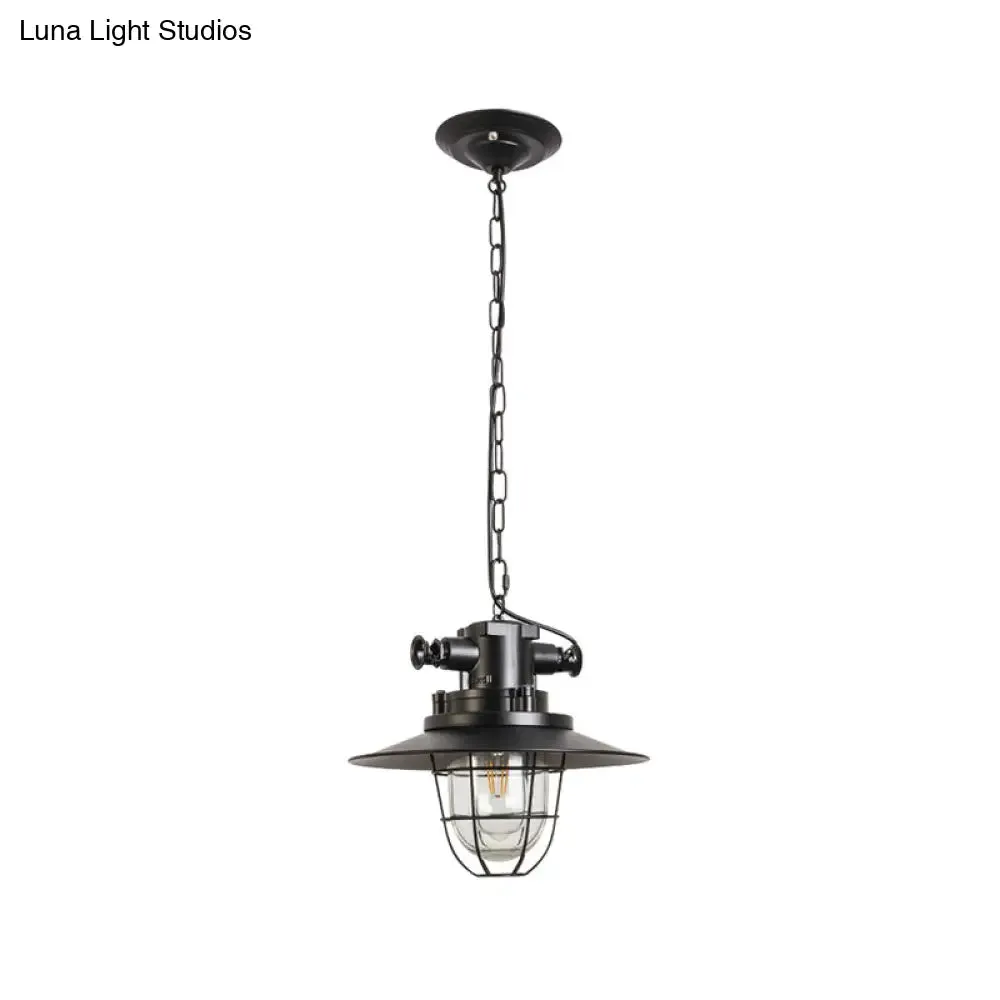 Industrial Black Wire Cage Pendant Light with Clear Glass Shade