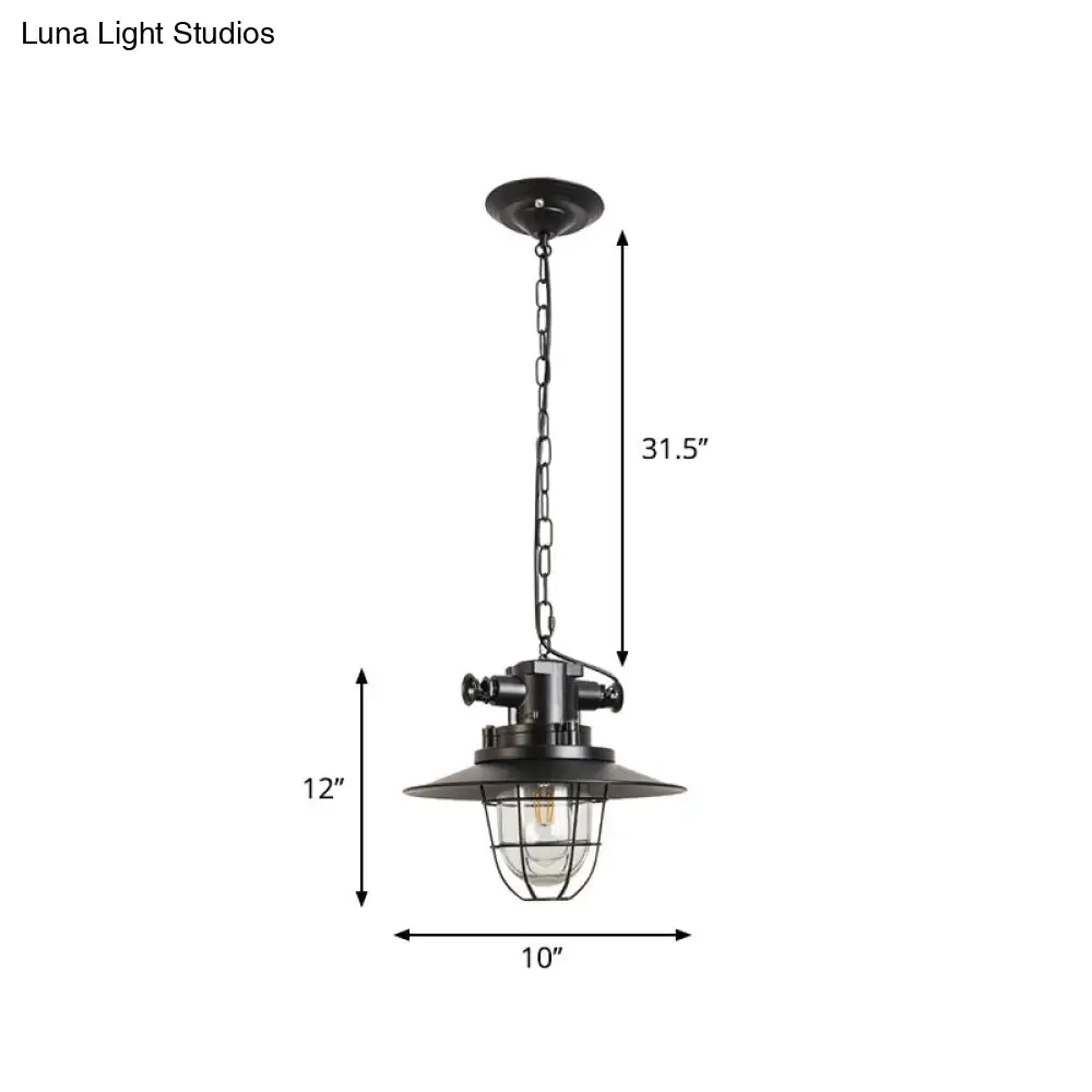 Industrial Black Wire Cage Pendant Light with Clear Glass Shade