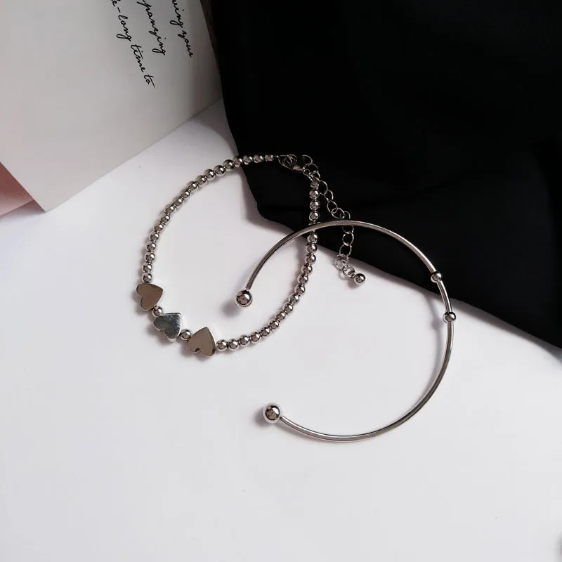 Metal Texture Two-Piece Set, Beautiful Love Heart-Shaped Bracelet, Creative Opening Simple Bracelet