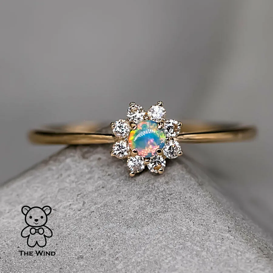 Minimalist Australian Solid Opal Diamond Hola Ring 18K Yellow Gold