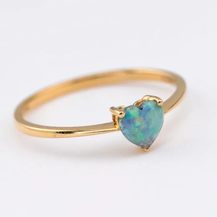 Minimalist Heart Shaped Solid Opal Engagement Ring 18K Yellow Gold