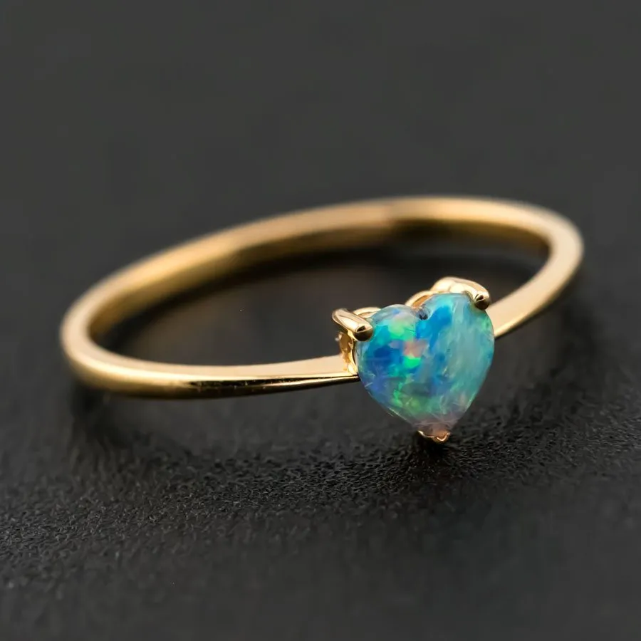 Minimalist Heart Shaped Solid Opal Engagement Ring 18K Yellow Gold