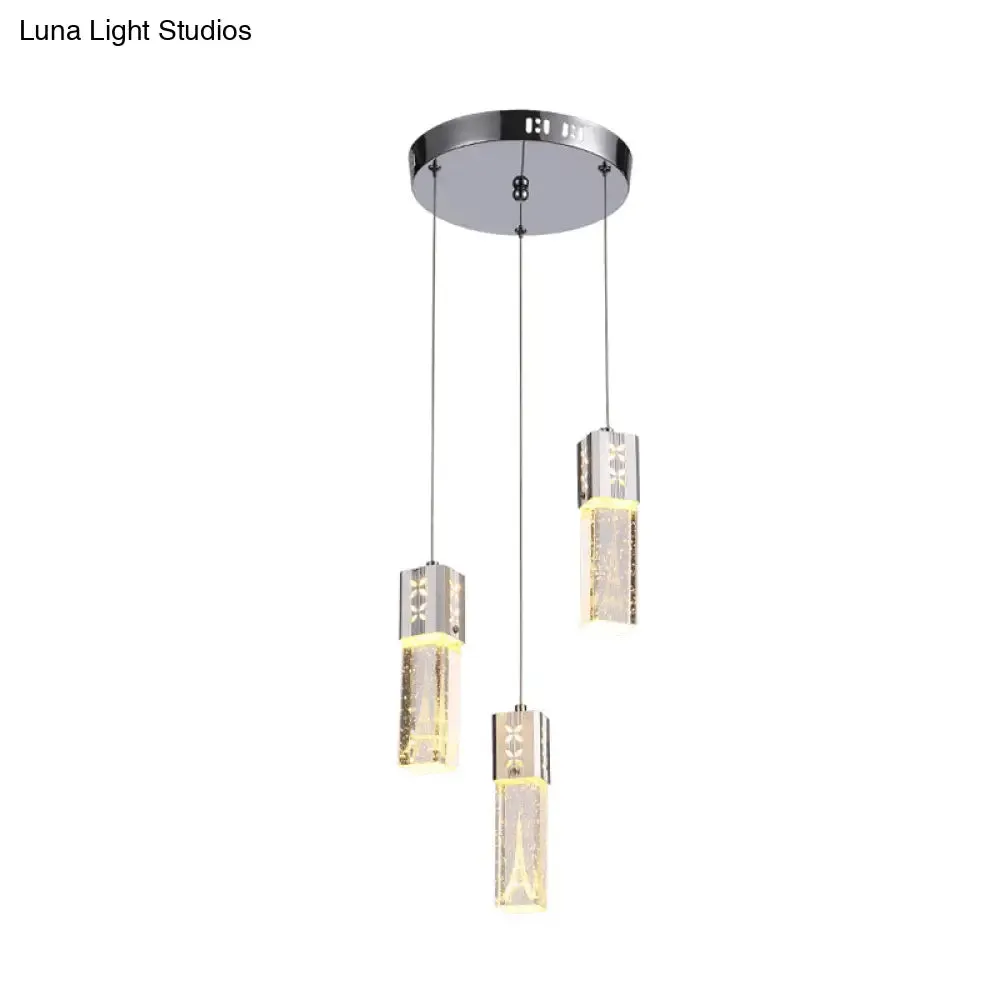 Modern Clear Crystal Glass 3-Light Pendant Square Tube LED Hanging Lamp in Chrome - Stylish Dining Room Cluster Light