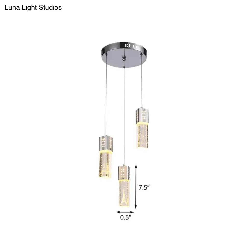 Modern Clear Crystal Glass 3-Light Pendant Square Tube LED Hanging Lamp in Chrome - Stylish Dining Room Cluster Light