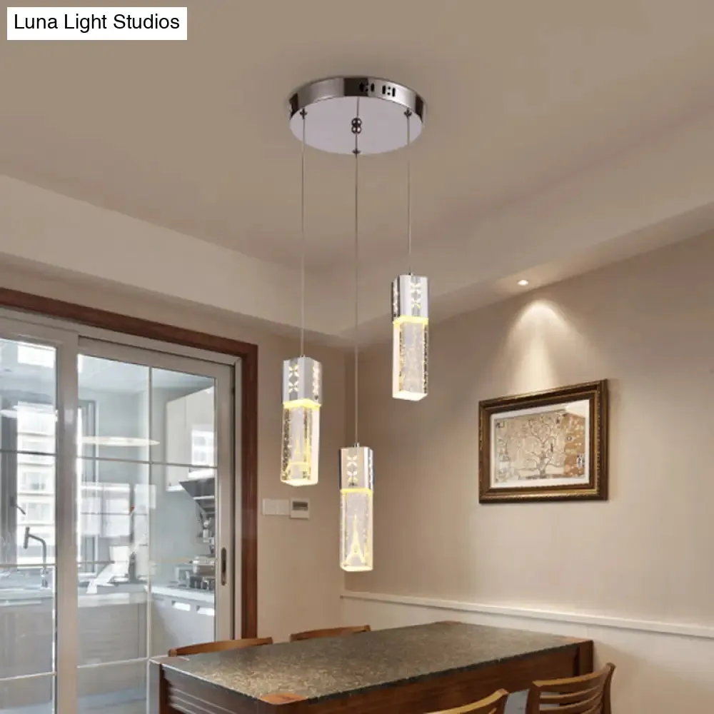 Modern Clear Crystal Glass 3-Light Pendant Square Tube LED Hanging Lamp in Chrome - Stylish Dining Room Cluster Light