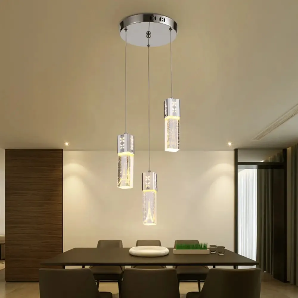 Modern Clear Crystal Glass 3-Light Pendant Square Tube LED Hanging Lamp in Chrome - Stylish Dining Room Cluster Light