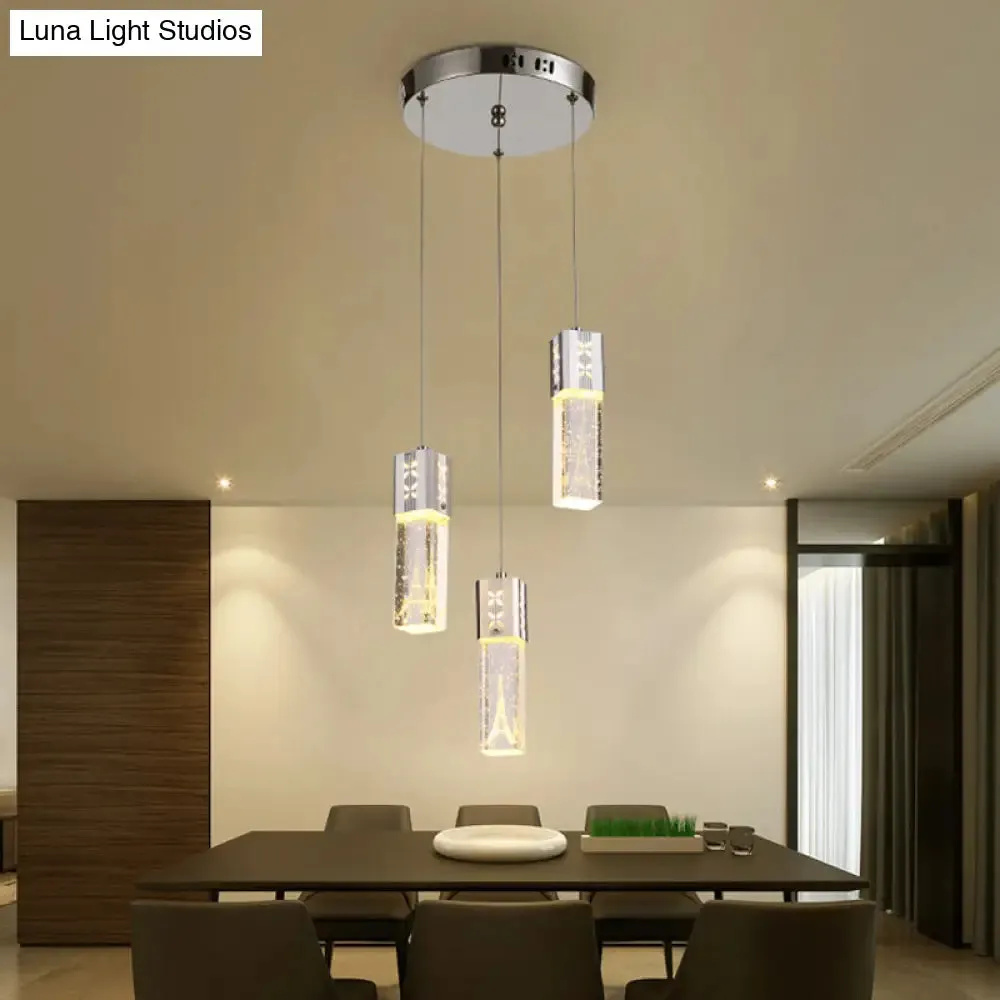 Modern Clear Crystal Glass 3-Light Pendant Square Tube LED Hanging Lamp in Chrome - Stylish Dining Room Cluster Light