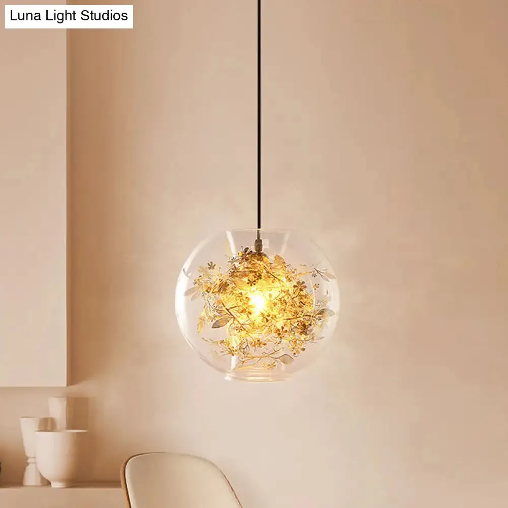 Modern Gold Sphere Pendant Light with Clear Glass and Shattered Leaves Detail