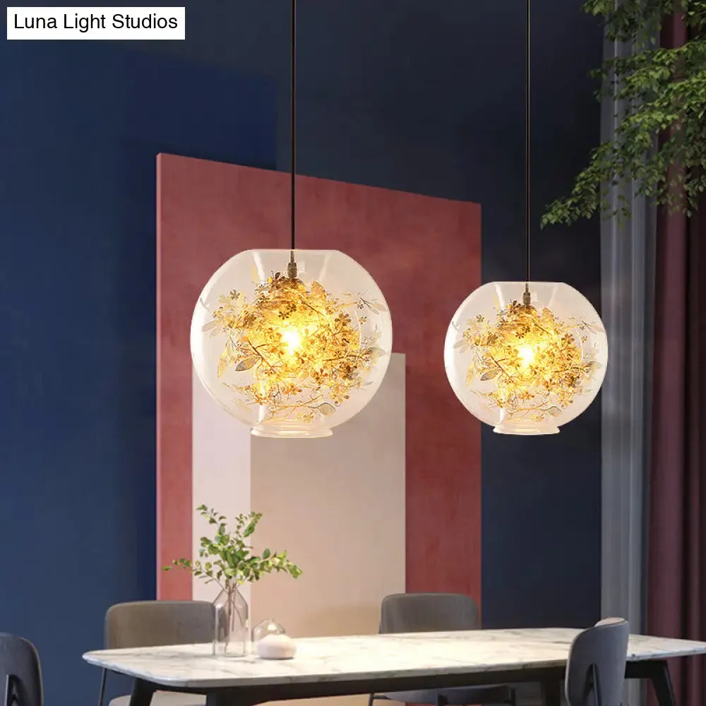 Modern Gold Sphere Pendant Light with Clear Glass and Shattered Leaves Detail