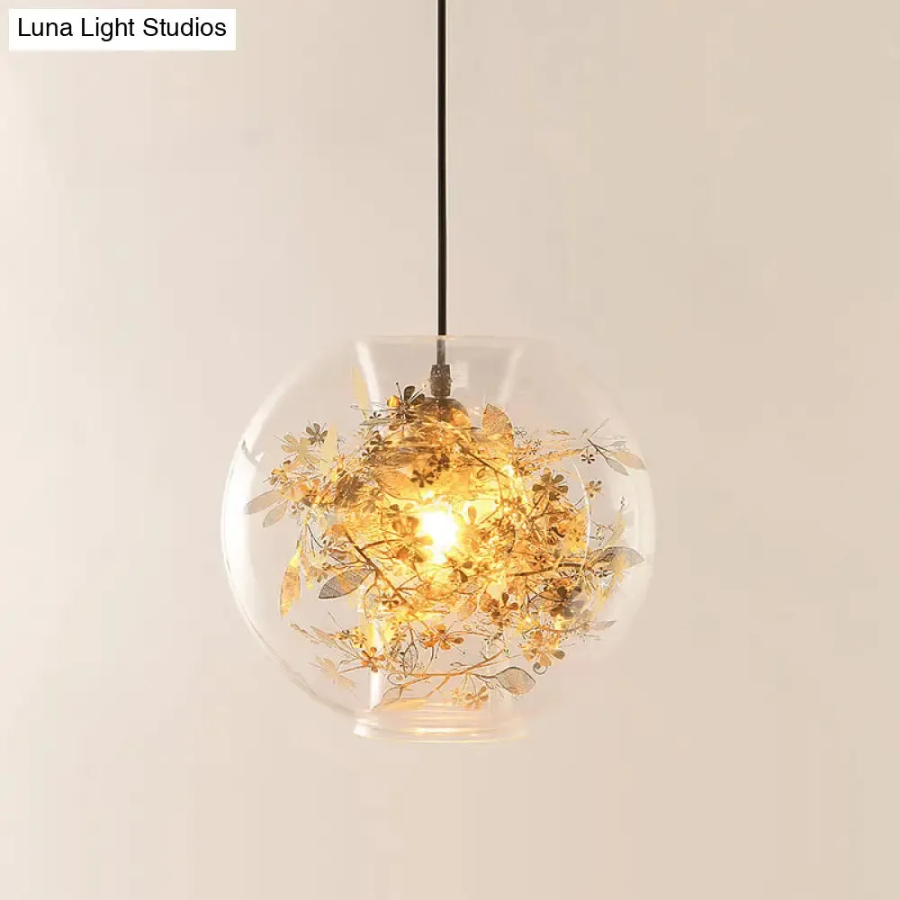 Modern Gold Sphere Pendant Light with Clear Glass and Shattered Leaves Detail