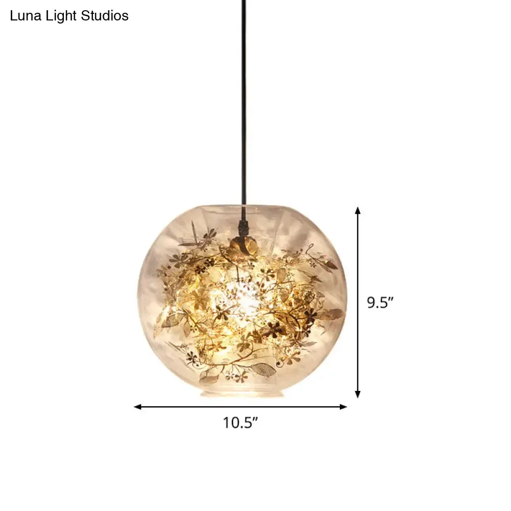 Modern Gold Sphere Pendant Light with Clear Glass and Shattered Leaves Detail