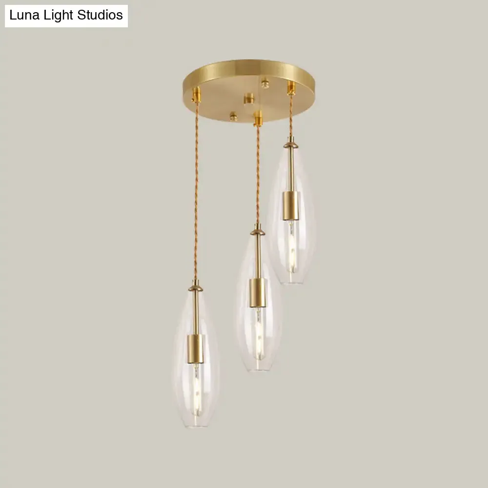 Modernist Brass Waterdrop Pendant Light with Clear Glass and 3 Bulbs – Stylish Suspended Lamp