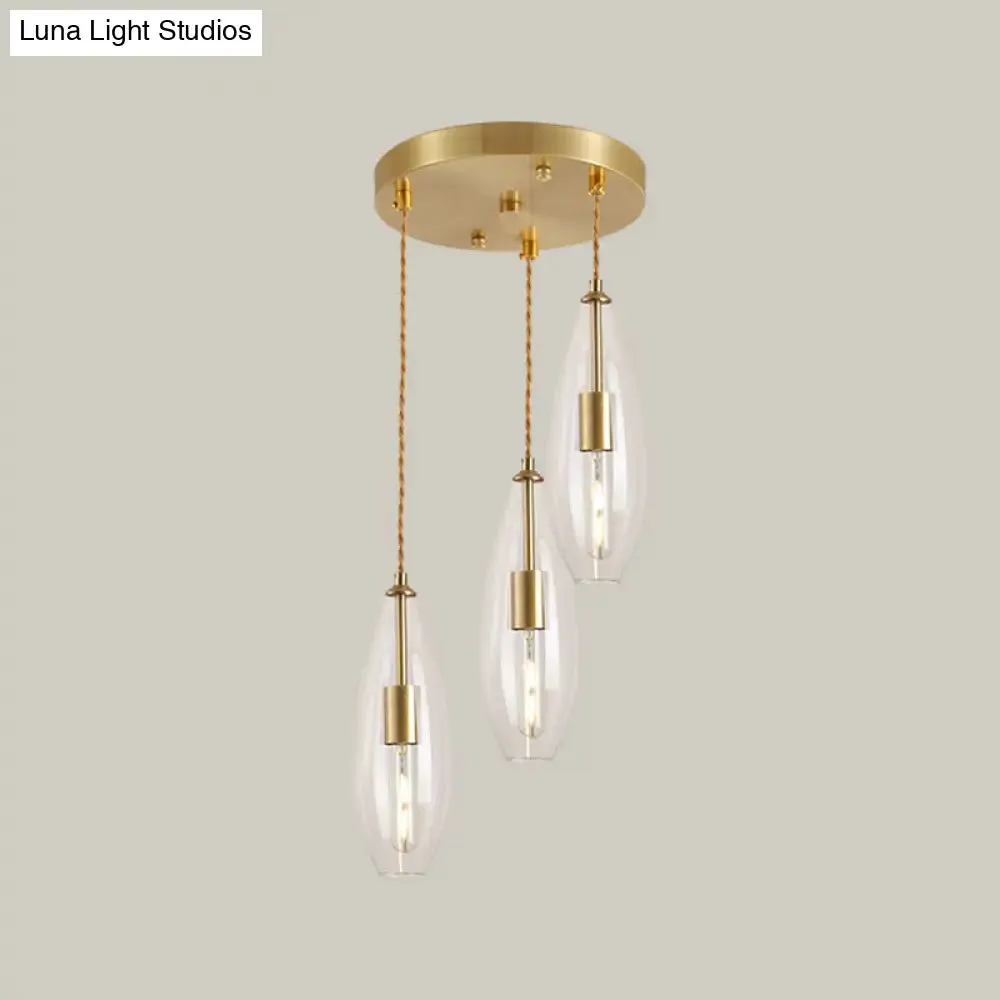 Modernist Brass Waterdrop Pendant Light with Clear Glass and 3 Bulbs – Stylish Suspended Lamp