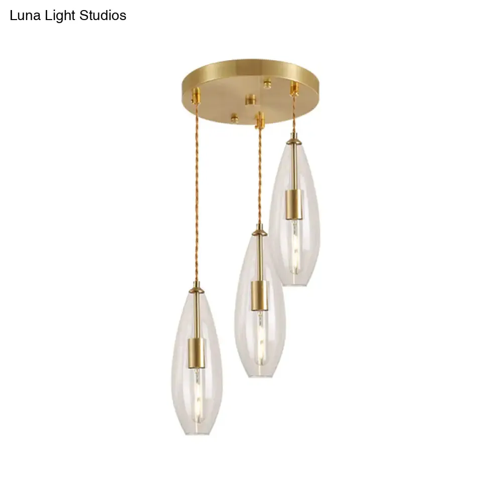 Modernist Brass Waterdrop Pendant Light with Clear Glass and 3 Bulbs – Stylish Suspended Lamp