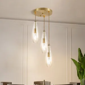 Modernist Brass Waterdrop Pendant Light with Clear Glass and 3 Bulbs – Stylish Suspended Lamp