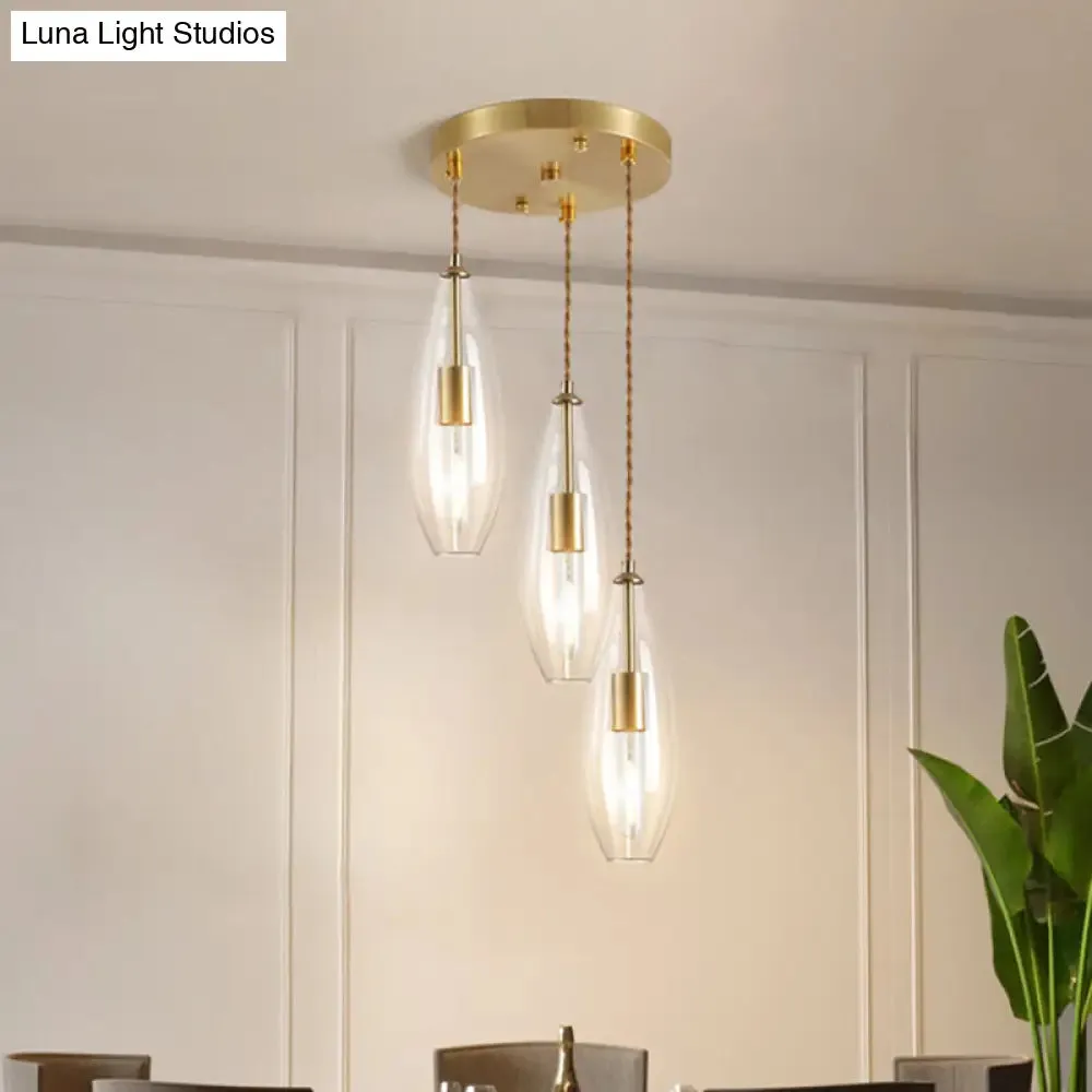 Modernist Brass Waterdrop Pendant Light with Clear Glass and 3 Bulbs – Stylish Suspended Lamp