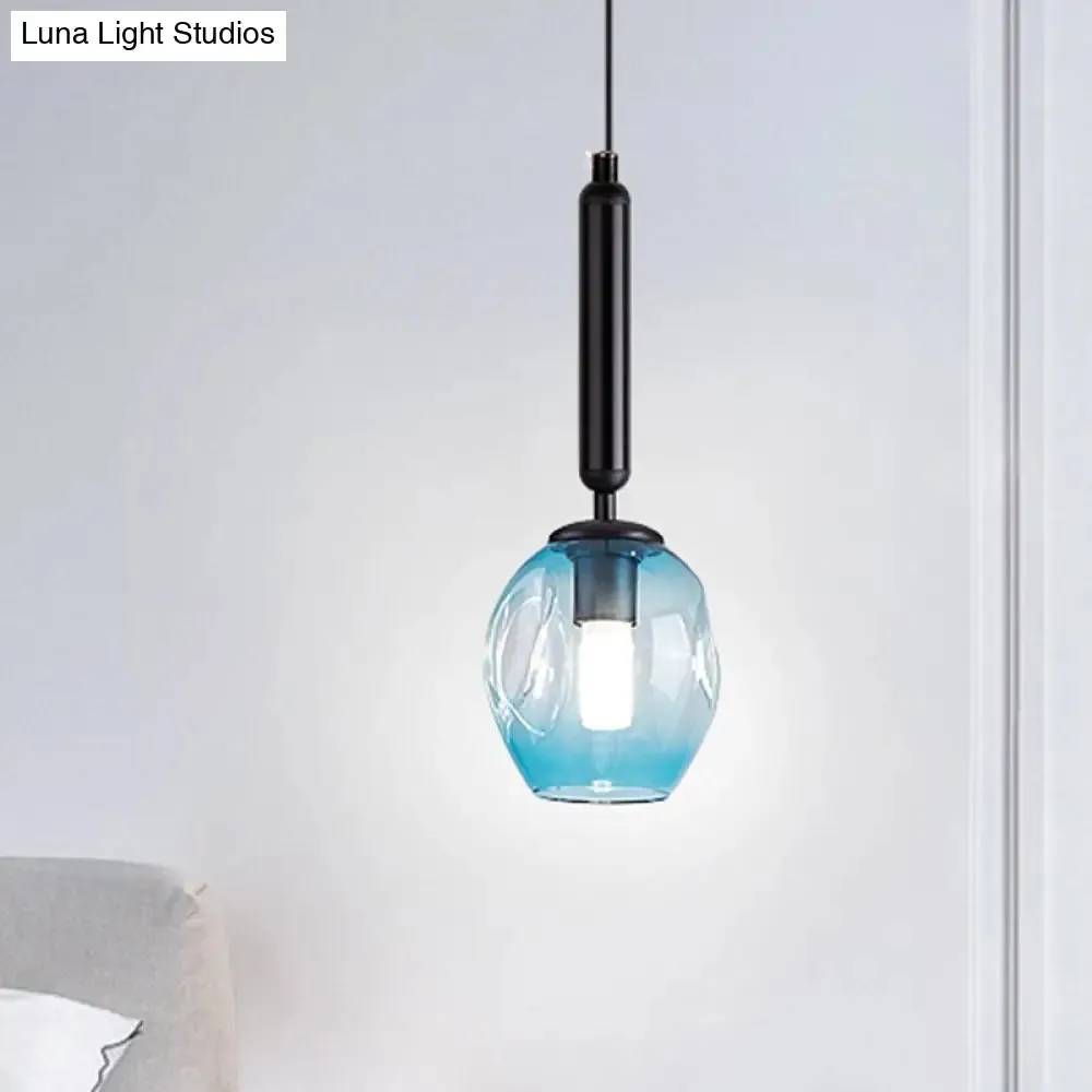 Modernist Pendant Lamp Fixture - Tulip Bedside Hanging Lighting in Blue/Smoke Gray Dimpled Glass, Black/Gold