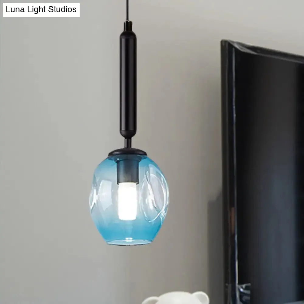 Modernist Pendant Lamp Fixture - Tulip Bedside Hanging Lighting in Blue/Smoke Gray Dimpled Glass, Black/Gold