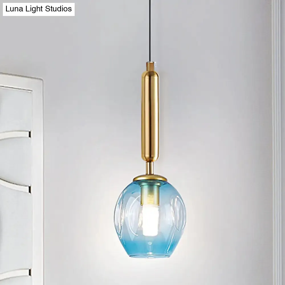 Modernist Pendant Lamp Fixture - Tulip Bedside Hanging Lighting in Blue/Smoke Gray Dimpled Glass, Black/Gold