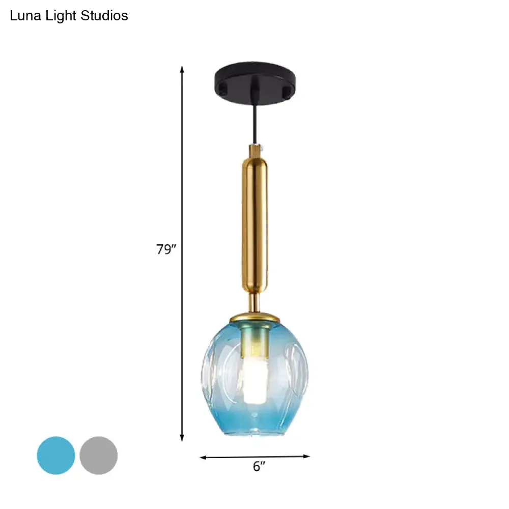 Modernist Pendant Lamp Fixture - Tulip Bedside Hanging Lighting in Blue/Smoke Gray Dimpled Glass, Black/Gold