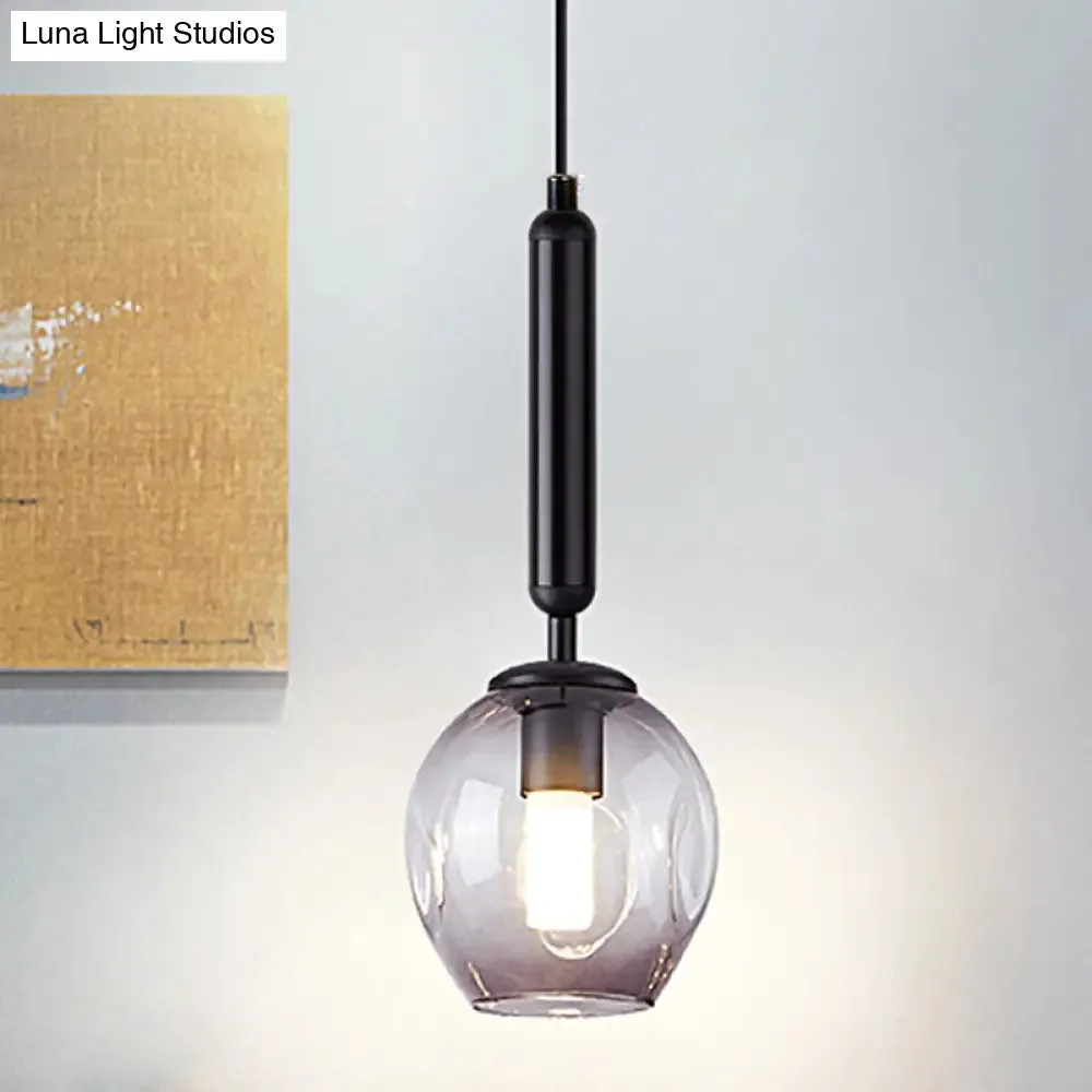 Modernist Pendant Lamp Fixture - Tulip Bedside Hanging Lighting in Blue/Smoke Gray Dimpled Glass, Black/Gold