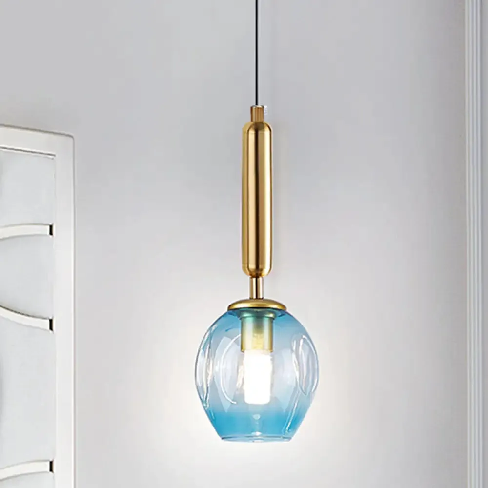 Modernist Pendant Lamp Fixture - Tulip Bedside Hanging Lighting in Blue/Smoke Gray Dimpled Glass, Black/Gold