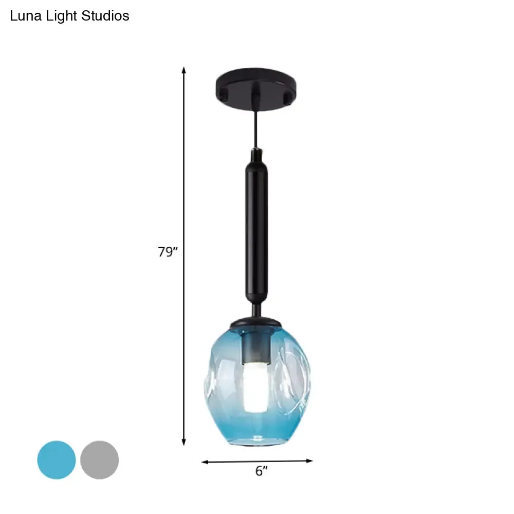 Modernist Pendant Lamp Fixture - Tulip Bedside Hanging Lighting in Blue/Smoke Gray Dimpled Glass, Black/Gold